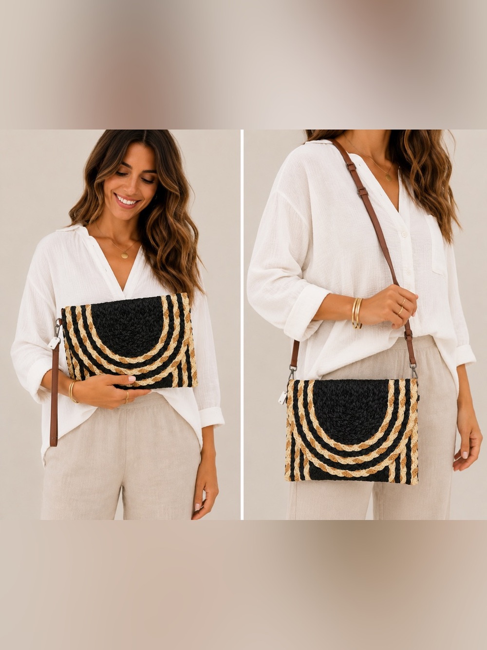 Black and tan woven Straw clutch Crossbody